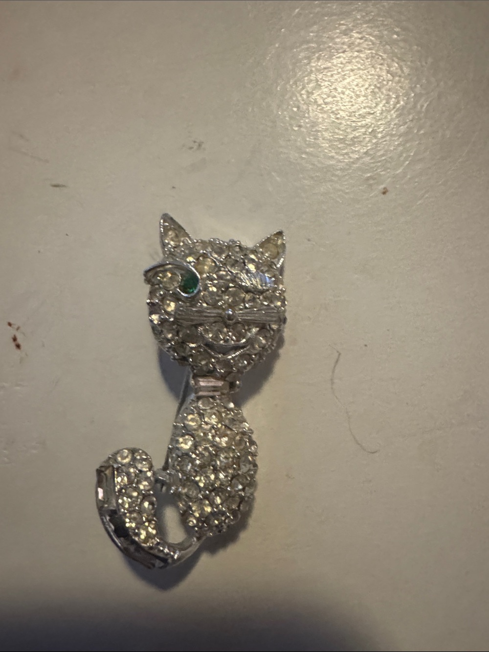 Silver Crystal Cat Brooch with Green Accent - Women Jewelry Brooches